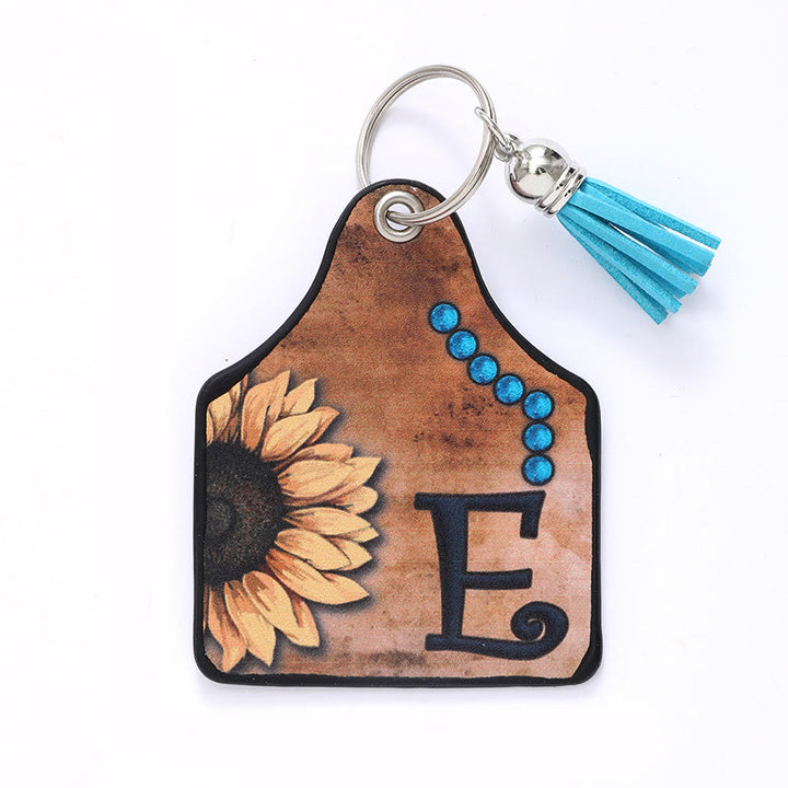 Western Style Sunflower&Letter Tassel Leather Keychain - E - image 6