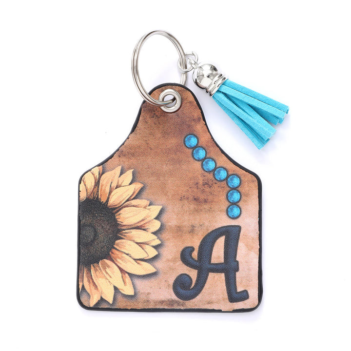Western Style Sunflower&Letter Tassel Leather Keychain - A - image 2