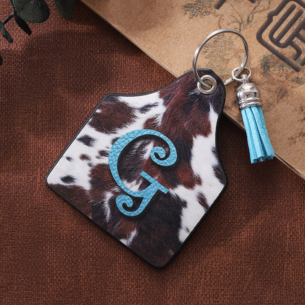 Vintage Western Farm Cow Pattern&Letter Printed Leather Keychain - image 1