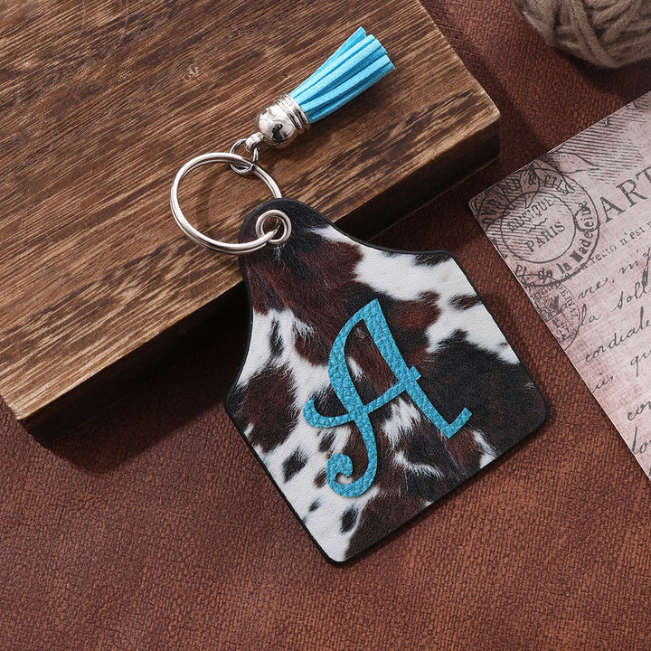 Vintage Western Farm Cow Pattern&Letter Printed Leather Keychain - image 0