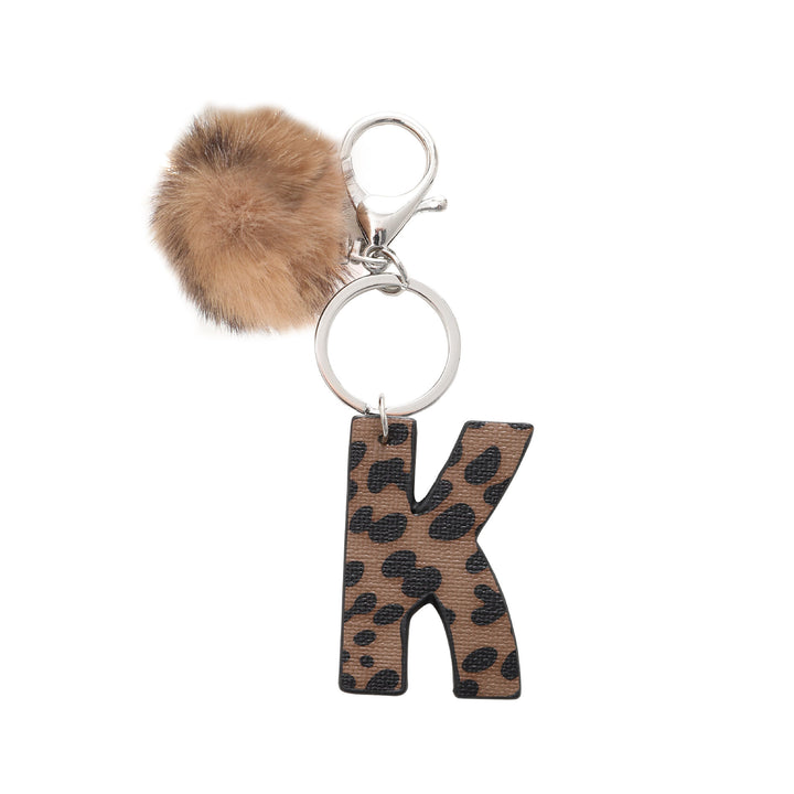 Western Style Leopard Print Letter Leather Keychain With Plush Ball - K - image 12