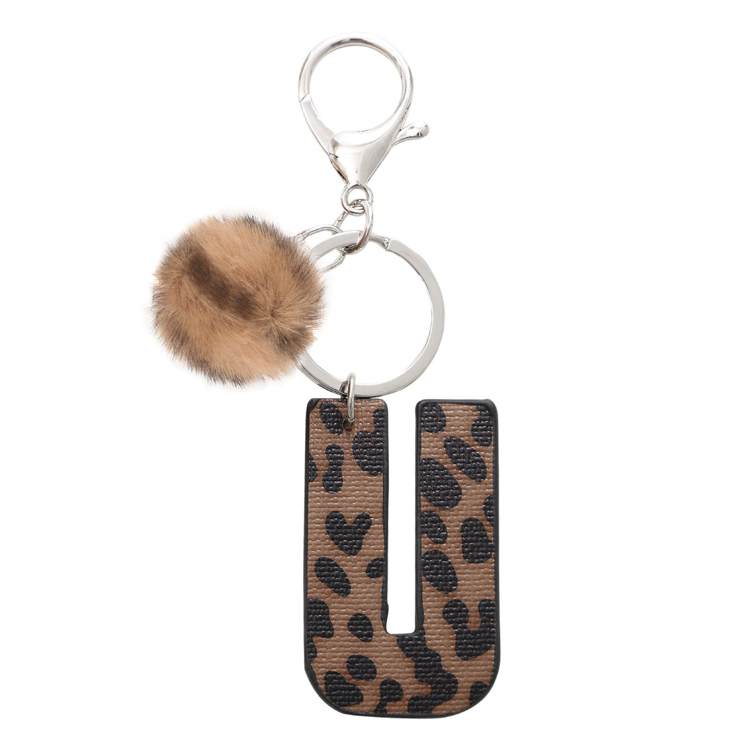 Western Style Leopard Print Letter Leather Keychain With Plush Ball - U - image 22