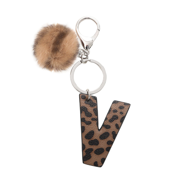 Western Style Leopard Print Letter Leather Keychain With Plush Ball - V - image 23