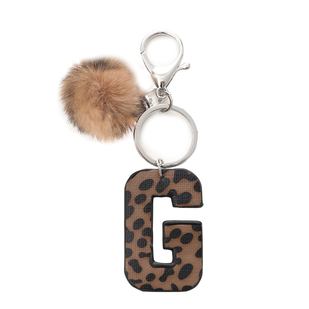 Western Style Leopard Print Letter Leather Keychain With Plush Ball - G - image 8