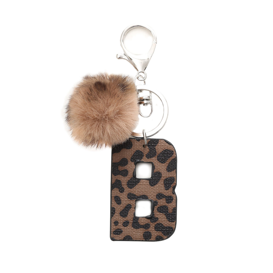 Western Style Leopard Print Letter Leather Keychain With Plush Ball - B - image 3