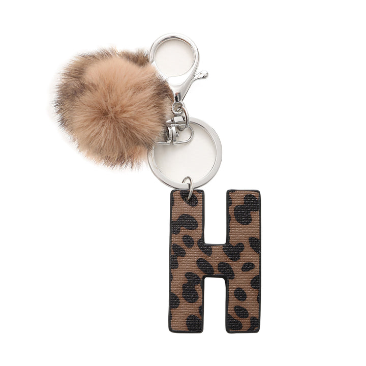 Western Style Leopard Print Letter Leather Keychain With Plush Ball - H - image 9