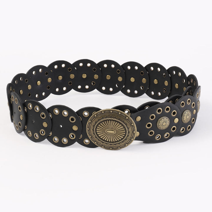 Women's Retro Western Personalized Splicing Round Black Leather Belt - image 3