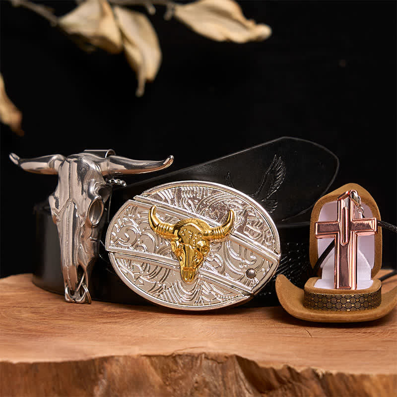 Gold & Silver Bull DIY Hidden Knife Belt Buckle Cross Necklace Bundle Set - Gold & Silver Bull - Black Embossed Eagle Belt - 42 - image 3