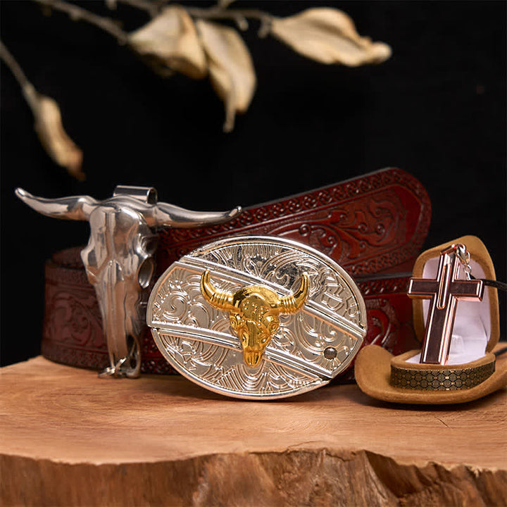 Gold & Silver Bull DIY Hidden Knife Belt Buckle Cross Necklace Bundle Set - Gold & Silver Bull - Brown Carved Belt - 42 - image 7