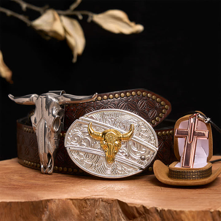 Gold & Silver Bull DIY Hidden Knife Belt Buckle Cross Necklace Bundle Set - Gold & Silver Bull - Brown Rivet Belt - 42 - image 5