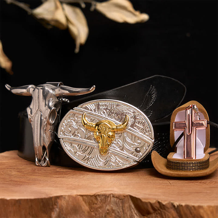 Gold & Silver Bull DIY Hidden Knife Belt Buckle Cross Necklace Bundle Set - Gold & Silver Bull - Black Embossed Eagle Belt - 42 - image 2