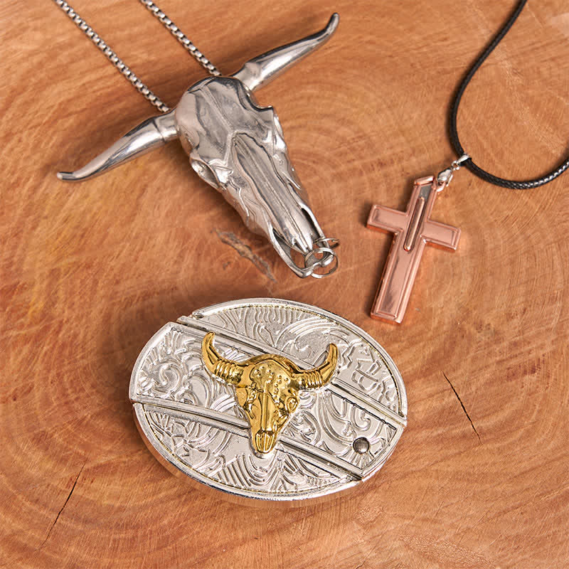 Gold & Silver Bull DIY Hidden Knife Belt Buckle Cross Necklace Bundle Set - Gold & Silver Bull - Without Belt - Not Include Belt - image 2