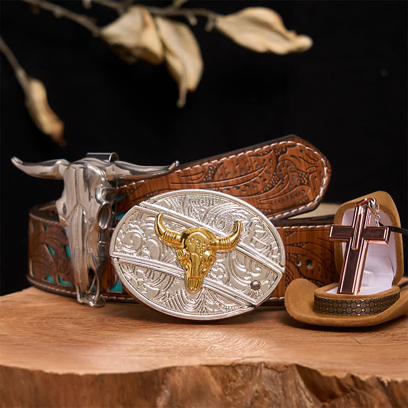 Gold & Silver Bull DIY Hidden Knife Belt Buckle Cross Necklace Bundle Set - Gold & Silver Bull - Turquoise Carved Belt - 42 - image 3