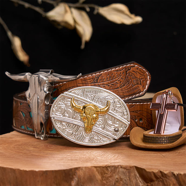 Gold & Silver Bull DIY Hidden Knife Belt Buckle Cross Necklace Bundle Set - Gold & Silver Bull - Turquoise Carved Belt - 42 - image 3