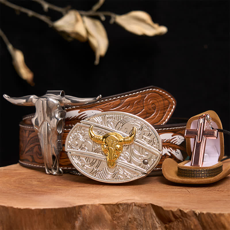 Gold & Silver Bull DIY Hidden Knife Belt Buckle Cross Necklace Bundle Set - Gold & Silver Bull - Brown Feather Belt - 40 - image 1