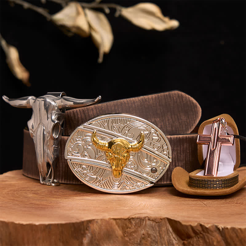 Gold & Silver Bull DIY Hidden Knife Belt Buckle Cross Necklace Bundle Set - Gold & Silver Bull - Brown Distressed Belt - 42 - image 6