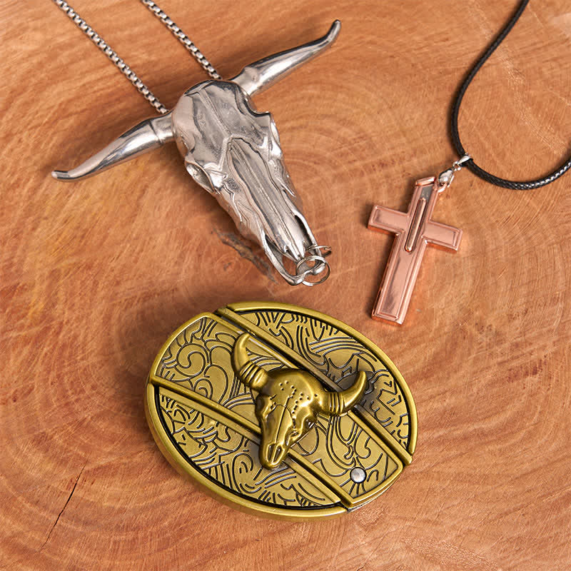 Bronze Bull DIY Hidden Knife Belt Buckle Cross Necklace Bundle Set - Bronze Bull - Without Belt - Not Include Belt - image 1