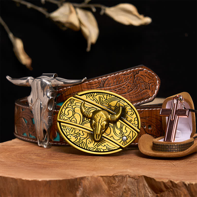 Bronze Bull DIY Hidden Knife Belt Buckle Cross Necklace Bundle Set - Bronze Bull - Turquoise Carved Belt - 42 - image 5