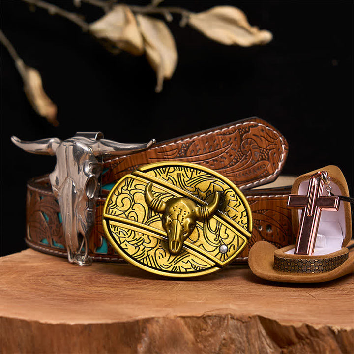 Bronze Bull DIY Hidden Knife Belt Buckle Cross Necklace Bundle Set - Bronze Bull - Turquoise Carved Belt - 42 - image 5