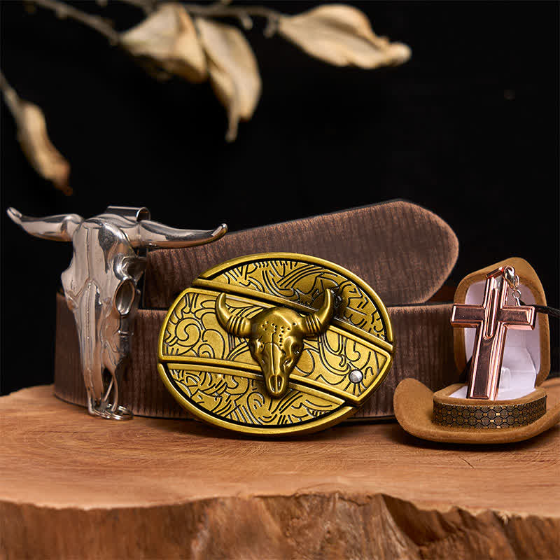 Bronze Bull DIY Hidden Knife Belt Buckle Cross Necklace Bundle Set - Bronze Bull - Brown Distressed Belt - 42 - image 7