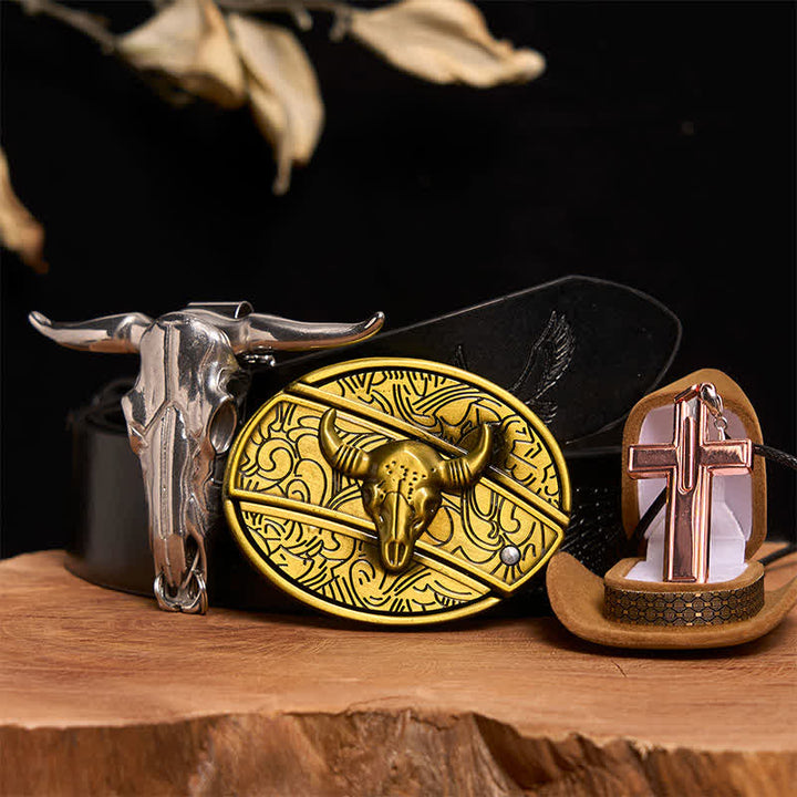 Bronze Bull DIY Hidden Knife Belt Buckle Cross Necklace Bundle Set - Bronze Bull - Black Embossed Eagle Belt - 42 - image 3