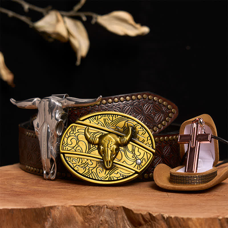 Bronze Bull DIY Hidden Knife Belt Buckle Cross Necklace Bundle Set - Bronze Bull - Brown Rivet Belt - 42 - image 6