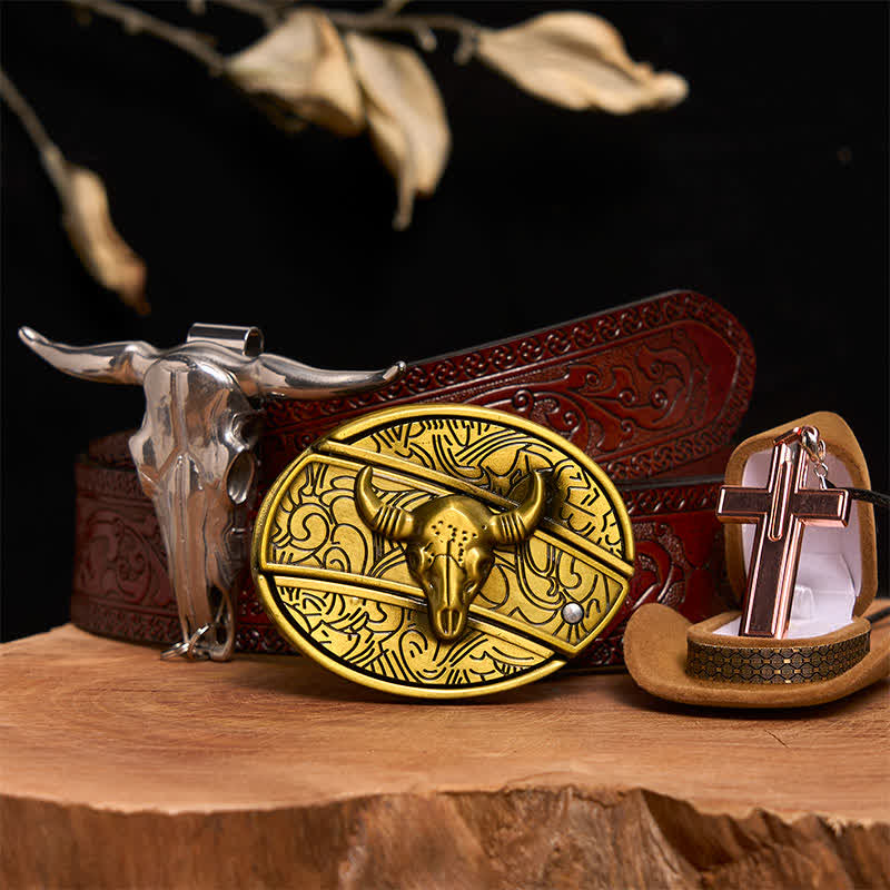 Bronze Bull DIY Hidden Knife Belt Buckle Cross Necklace Bundle Set - Bronze Bull - Brown Carved Belt - 42 - image 8