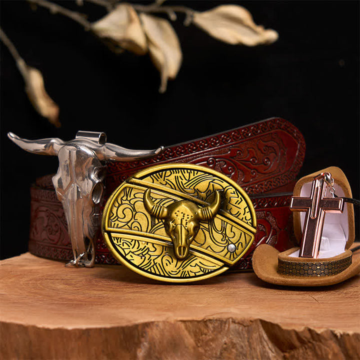 Bronze Bull DIY Hidden Knife Belt Buckle Cross Necklace Bundle Set - Bronze Bull - Brown Carved Belt - 42 - image 8