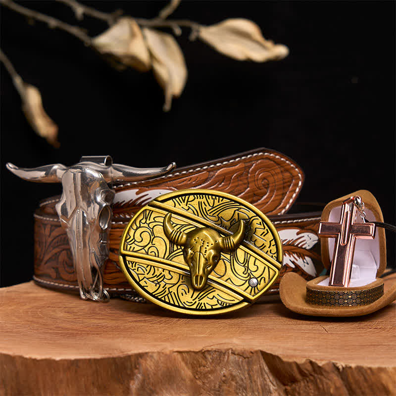 Bronze Bull DIY Hidden Knife Belt Buckle Cross Necklace Bundle Set - Bronze Bull - Brown Feather Belt - 40 - image 1
