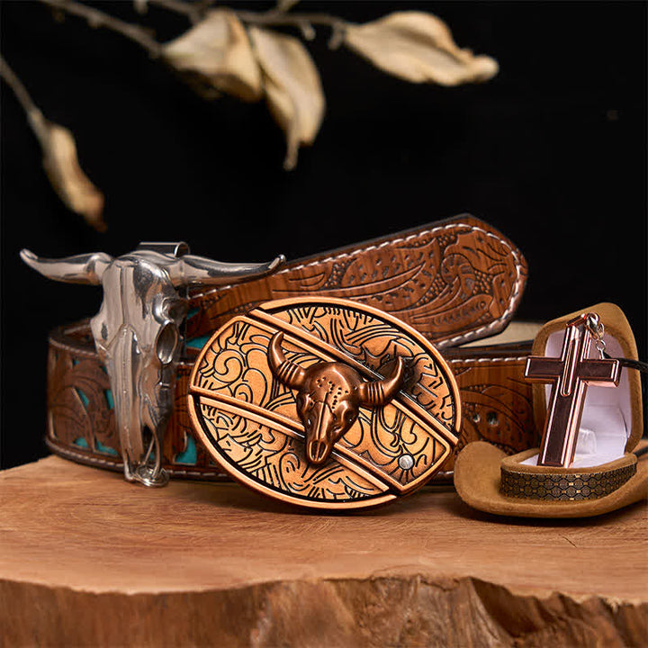 Red Bronze Bull DIY Hidden Knife Belt Buckle Cross Necklace Bundle Set - Red Bronze Bull - Turquoise Carved Belt - 42 - image 5