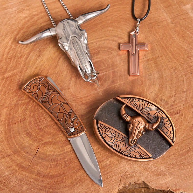 Red Bronze Bull DIY Hidden Knife Belt Buckle Cross Necklace Bundle Set - image 2