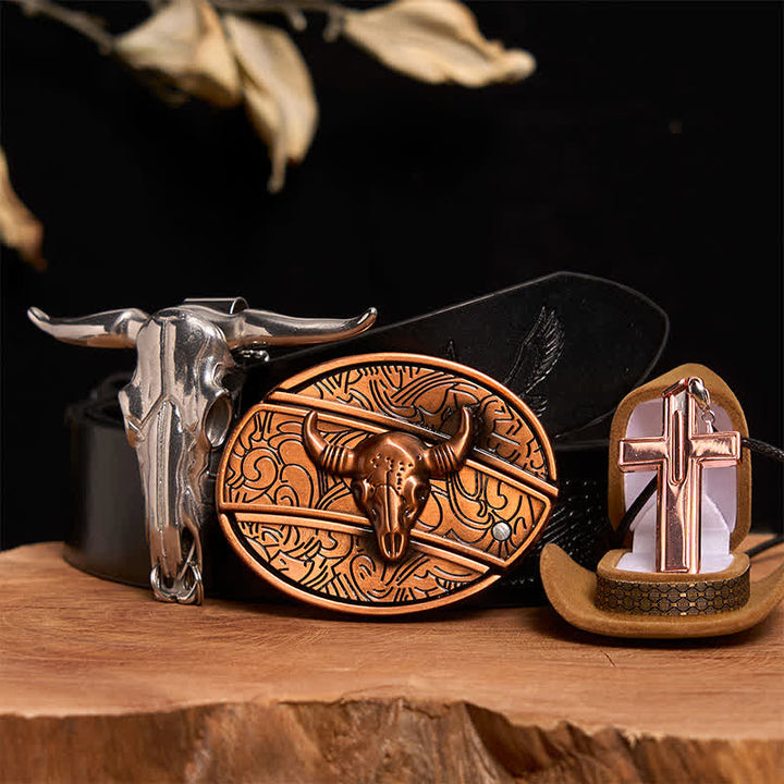 Red Bronze Bull DIY Hidden Knife Belt Buckle Cross Necklace Bundle Set - Red Bronze Bull - Black Embossed Eagle Belt - 42 - image 3