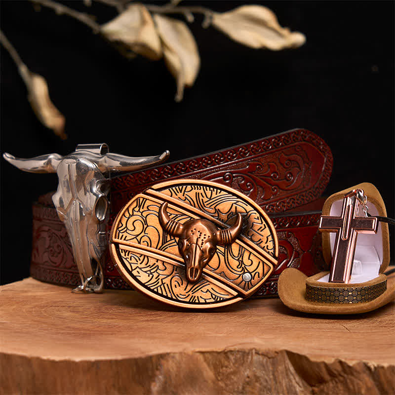 Red Bronze Bull DIY Hidden Knife Belt Buckle Cross Necklace Bundle Set - Red Bronze Bull - Brown Carved Belt - 42 - image 8