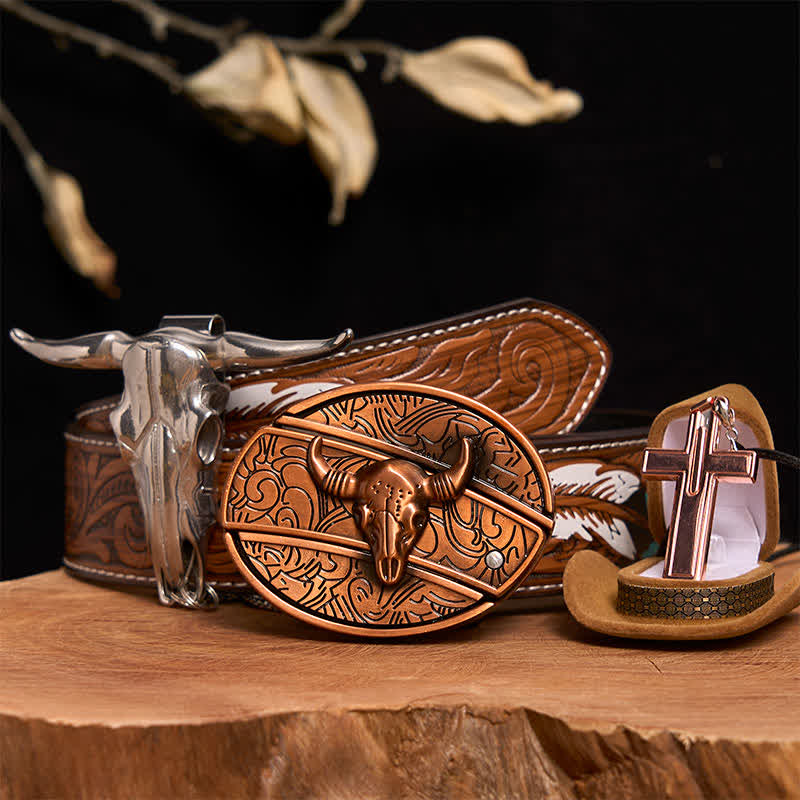 Red Bronze Bull DIY Hidden Knife Belt Buckle Cross Necklace Bundle Set - Red Bronze Bull - Brown Feather Belt - 40 - image 1