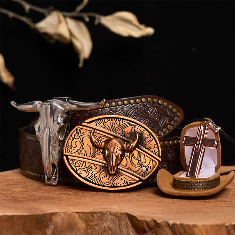 Red Bronze Bull DIY Hidden Knife Belt Buckle Cross Necklace Bundle Set - Red Bronze Bull - Brown Rivet Belt - 42 - image 6