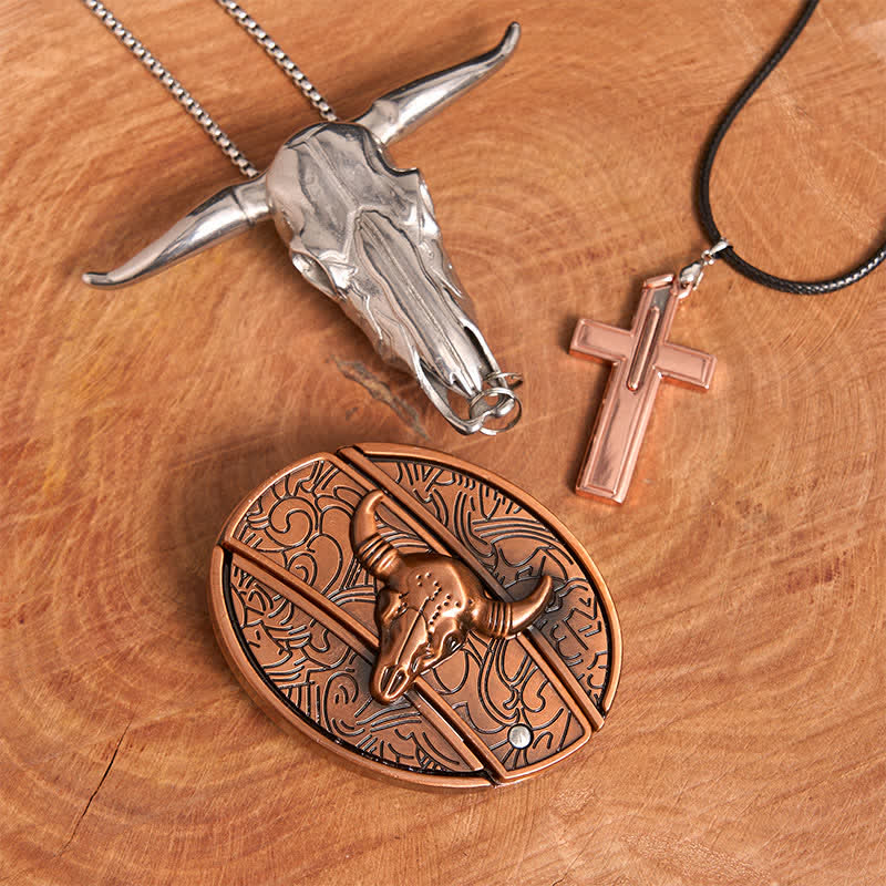 Red Bronze Bull DIY Hidden Knife Belt Buckle Cross Necklace Bundle Set - Red Bronze Bull - Without Belt - Not Include Belt - image 2
