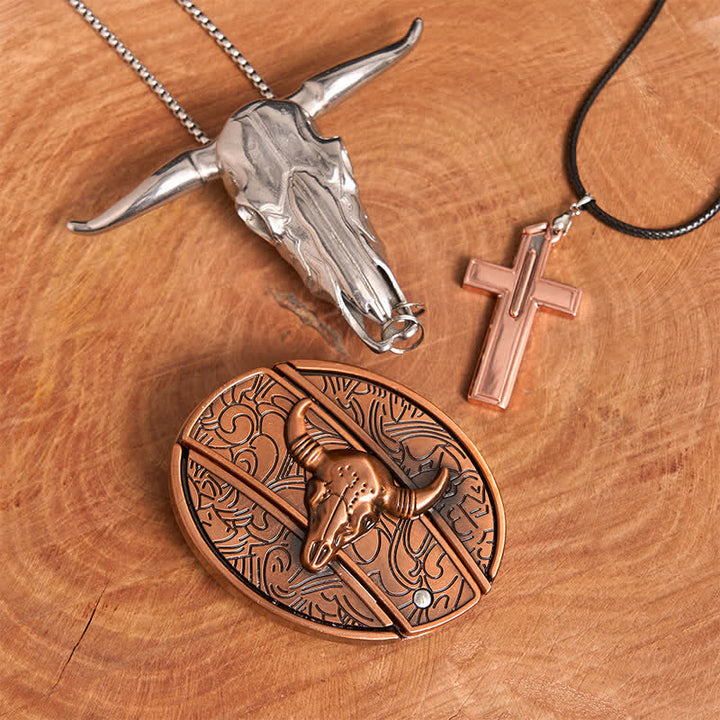 Red Bronze Bull DIY Hidden Knife Belt Buckle Cross Necklace Bundle Set - Red Bronze Bull - Without Belt - Not Include Belt - image 2