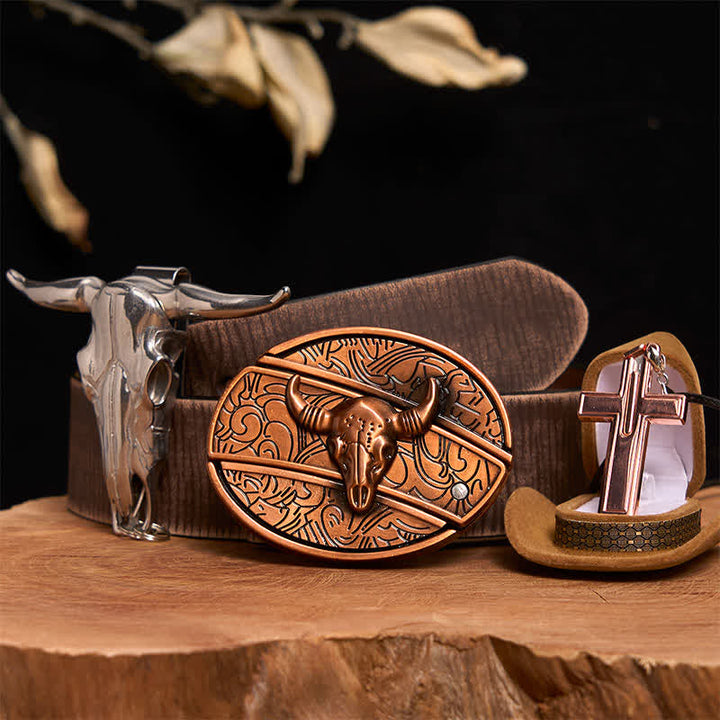 Red Bronze Bull DIY Hidden Knife Belt Buckle Cross Necklace Bundle Set - Red Bronze Bull - Brown Distressed Belt - 42 - image 7