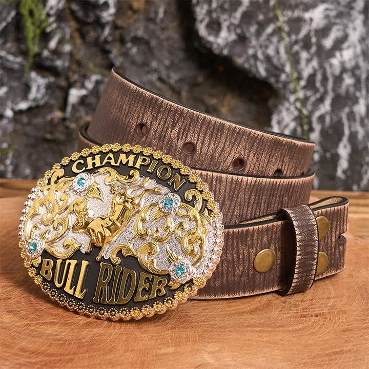 Men's DIY Golden Bull Champion Bull Rider Large Buckle Leather Belt - Golden Bull - Brown Distressed Belt - 42 - image 4