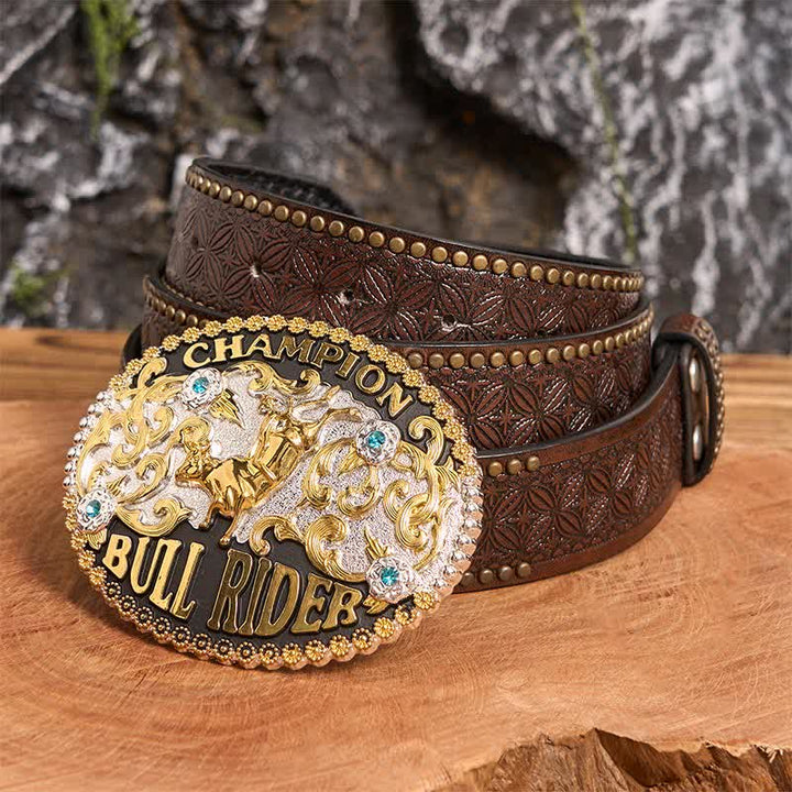 Men's DIY Golden Bull Champion Bull Rider Large Buckle Leather Belt - Golden Bull - Brown Rivet Belt - 42 - image 3