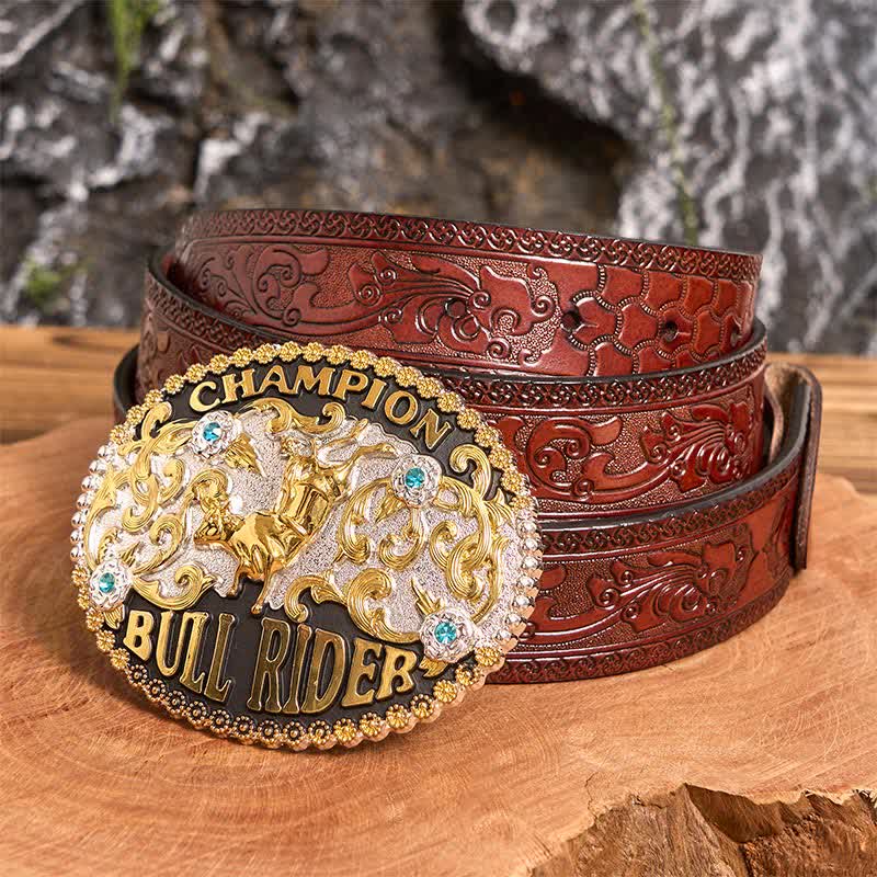 Men's DIY Golden Bull Champion Bull Rider Large Buckle Leather Belt - Golden Bull - Brown Carved Belt - 42 - image 5