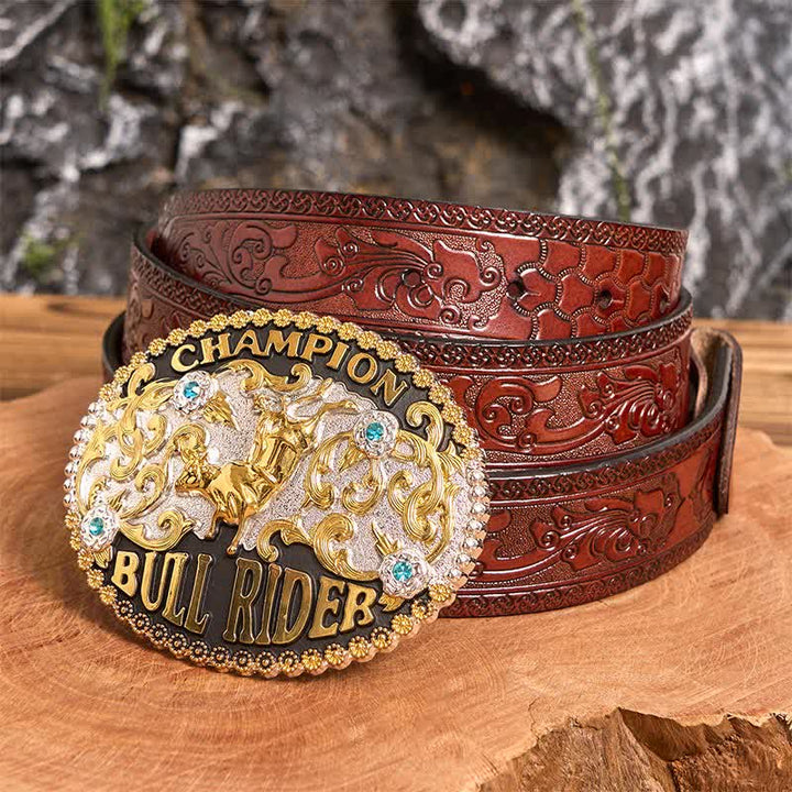 Men's DIY Golden Bull Champion Bull Rider Large Buckle Leather Belt - Golden Bull - Brown Carved Belt - 42 - image 5