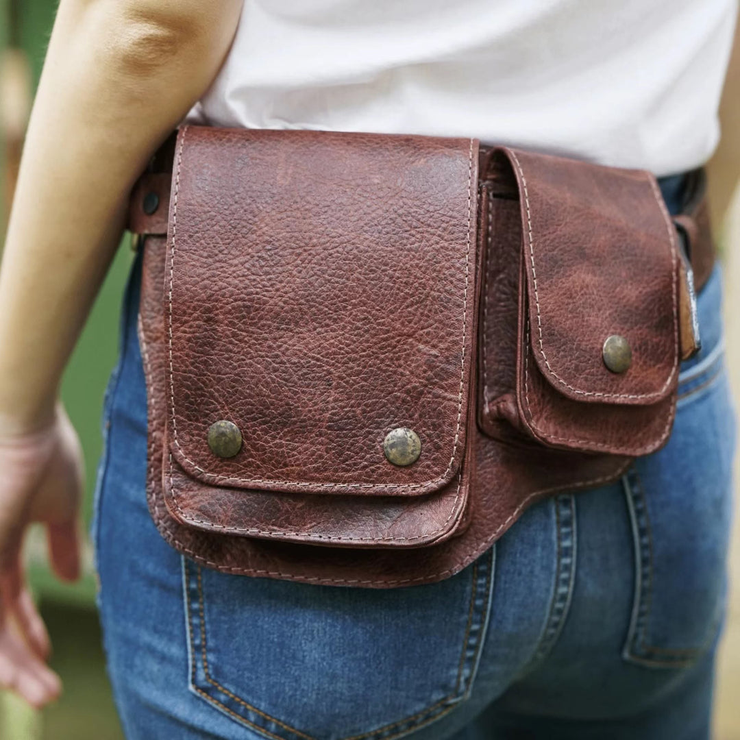 Unisex Retro Phone-Storage Button Leather Belt Bag - Brown - image 8
