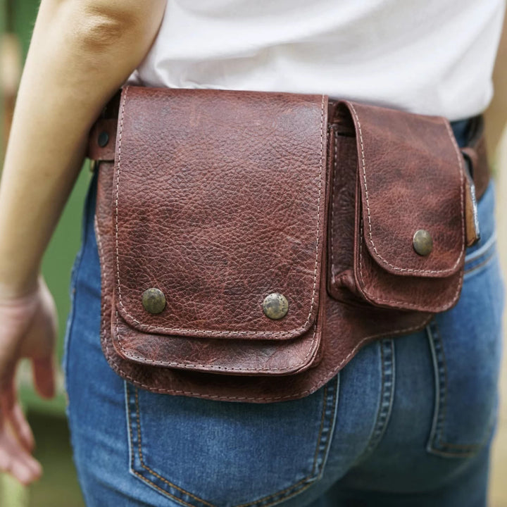 Unisex Retro Phone-Storage Button Leather Belt Bag - Brown - image 8