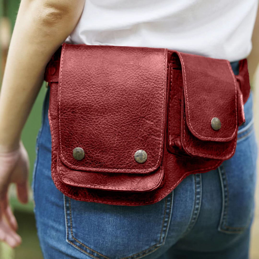 Unisex Retro Phone-Storage Button Leather Belt Bag - Red - image 6