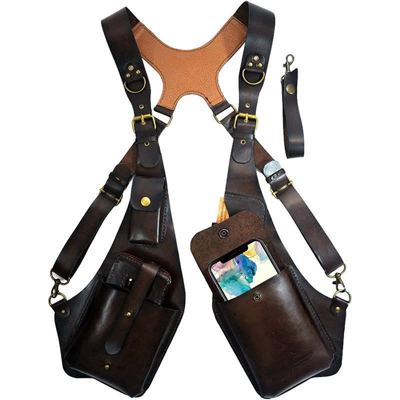 Retro Men's Leather Strap Phone Bag Underarm Button Shoulder Bag - image 1