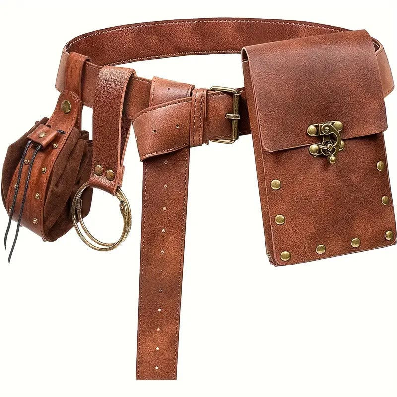 Halloween Cosplay Costume Accessories Retro Belt With Belt Bag - 3Pcs - Brown - image 1