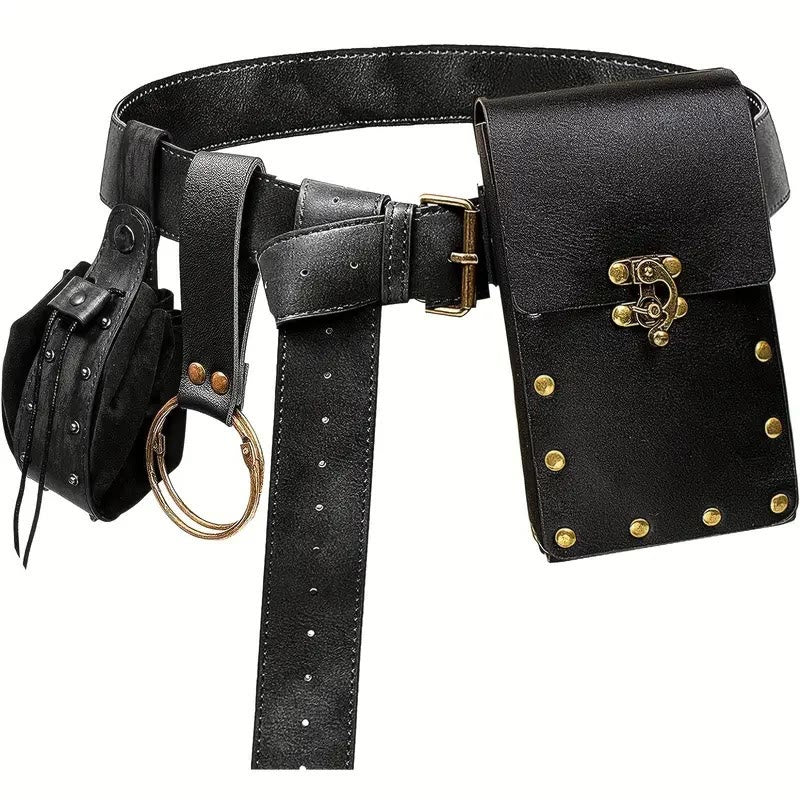 Halloween Cosplay Costume Accessories Retro Belt With Belt Bag - 3Pcs - Black - image 3