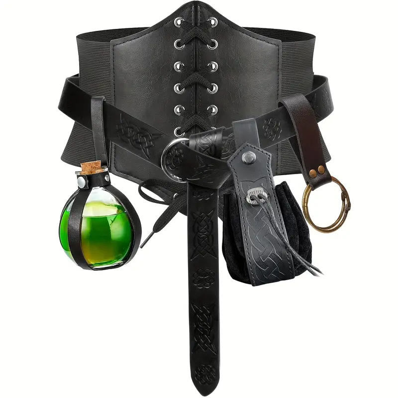 Halloween Cosplay Accessories Alchemy Bottle Viking Belt 5 Pcs - 5 Pcs - Black - XL(32.7in / 83cm) - image 2
