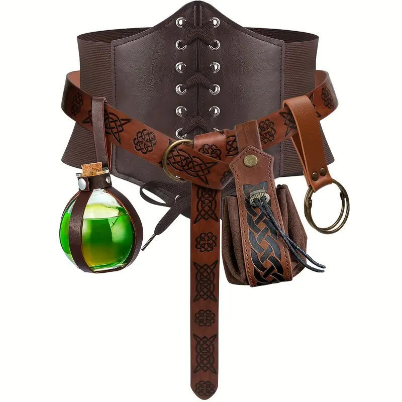 Halloween Cosplay Accessories Alchemy Bottle Viking Belt 5 Pcs - 5 Pcs - Brown - XL(32.7in / 83cm) - image 1